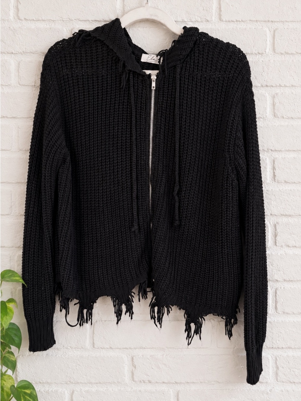 Elan Black Chunky Knit Zip Hoodie Fringe Hem Sweater Large Wimsigoth Grunge